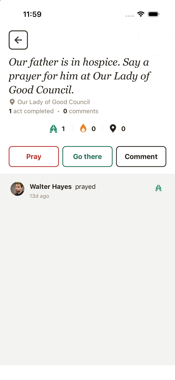 Request detail with Pray, Go there, and Comment outlined buttons