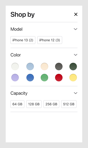 Shop by filter sheet with model, color, and capacity groups