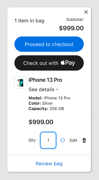 Mini bag sheet with Proceed to checkout and Apple Pay buttons