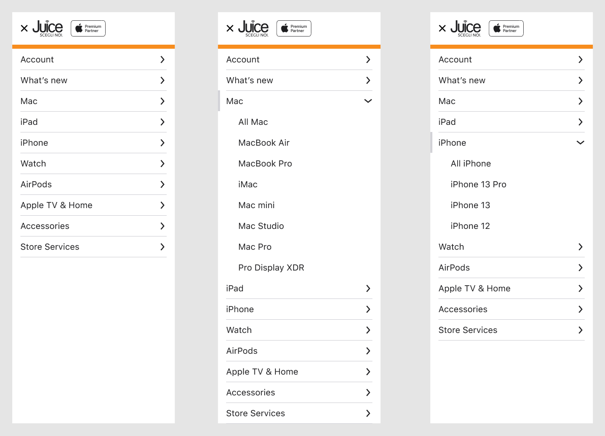 Mobile navigation drawer in three states: collapsed, Mac expanded, iPhone expanded
