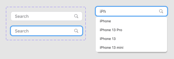Search field: default, focused, and with typeahead results