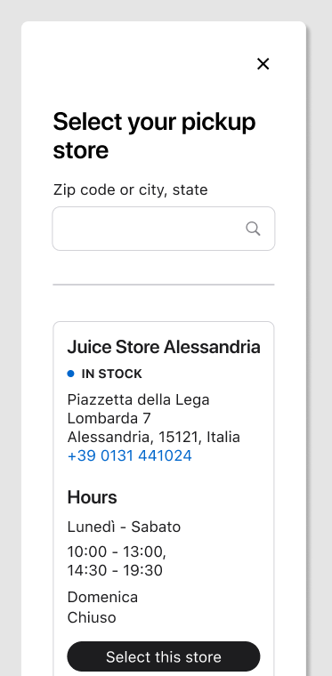 Select your pickup store list with stock, address, and hours