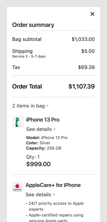 Order summary sheet with line items, AppleCare, ship-to and shipping method