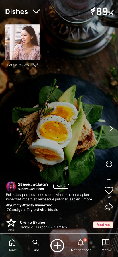 Feed.me — Dishes feed with reviewer rating overlay