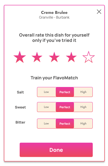 Feed.me — FlavoMatch taste calibration modal (Salt / Sweet / Bitter)